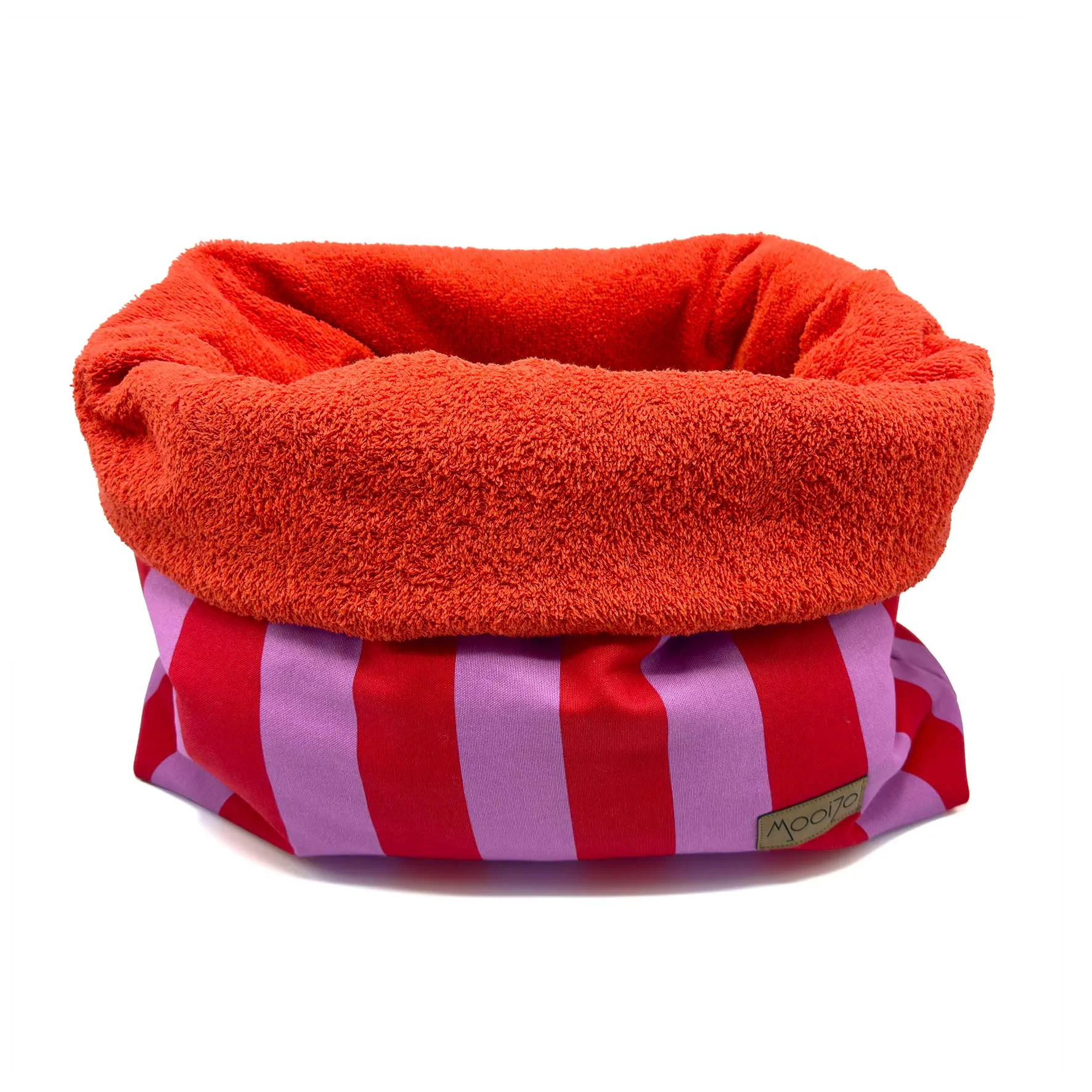 MooiZo Mupfel Hundeschlafsack Sunset Stripes Kollektion Flieder-Rot - Sommerlicher, wendbarer Hundekuschelsack, weich, saugfähig, vielseitig, ideal für warme Tage, Reisen und Zuhause.