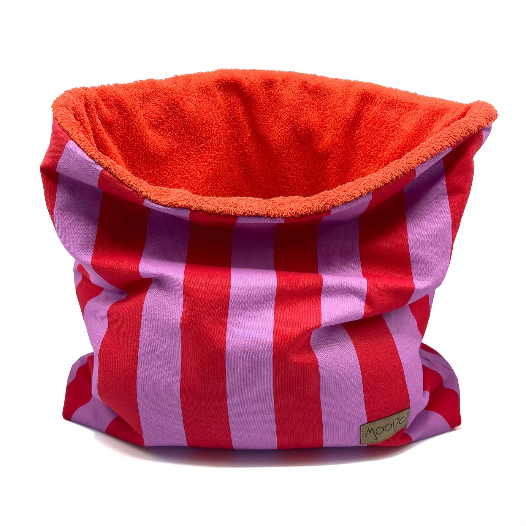 MooiZo Mupfel Hundeschlafsack Sunset Stripes Kollektion Flieder-Rot - Sommerlicher, wendbarer Hundekuschelsack, weich, saugfähig, vielseitig, ideal für warme Tage, Reisen und Zuhause.