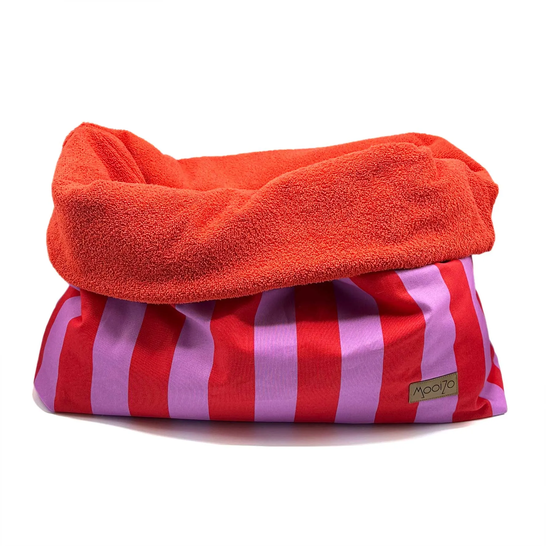 MooiZo Mupfel Hundeschlafsack Sunset Stripes Kollektion Flieder-Rot - Sommerlicher, wendbarer Hundekuschelsack, weich, saugfähig, vielseitig, ideal für warme Tage, Reisen und Zuhause.